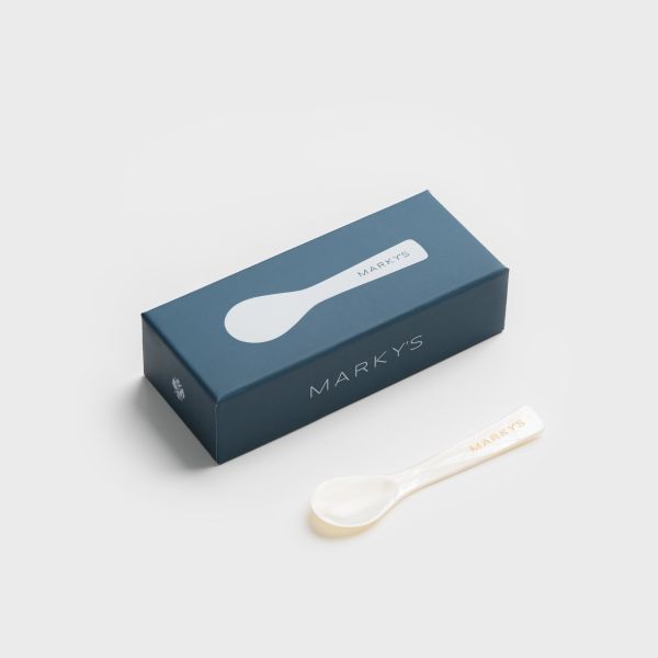Marky's - Mother of Pearl Caviar Spoon With Logo - 330106 Small, 330105 Large - Spoon Next to Box