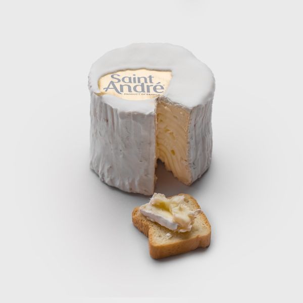 Saint André French Cheese - 120144 7.05 oz (200 g) wrap - Sliced and on toast, on gray